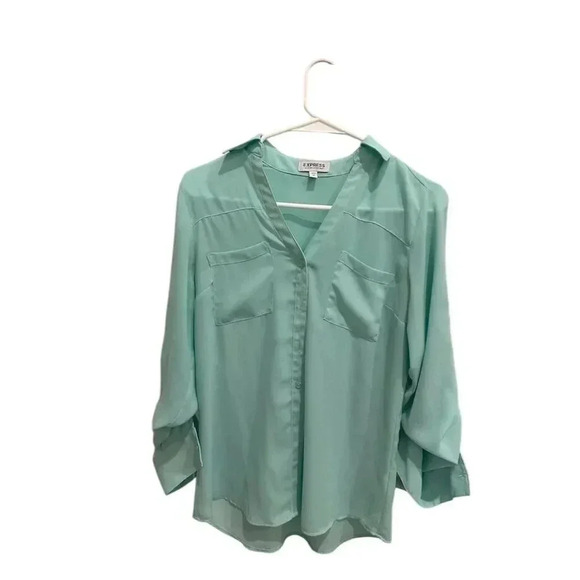 Express Women's XS Green Portofino Blouse Long Roll‎ Tab Sleeve Casual - Picture 1 of 3